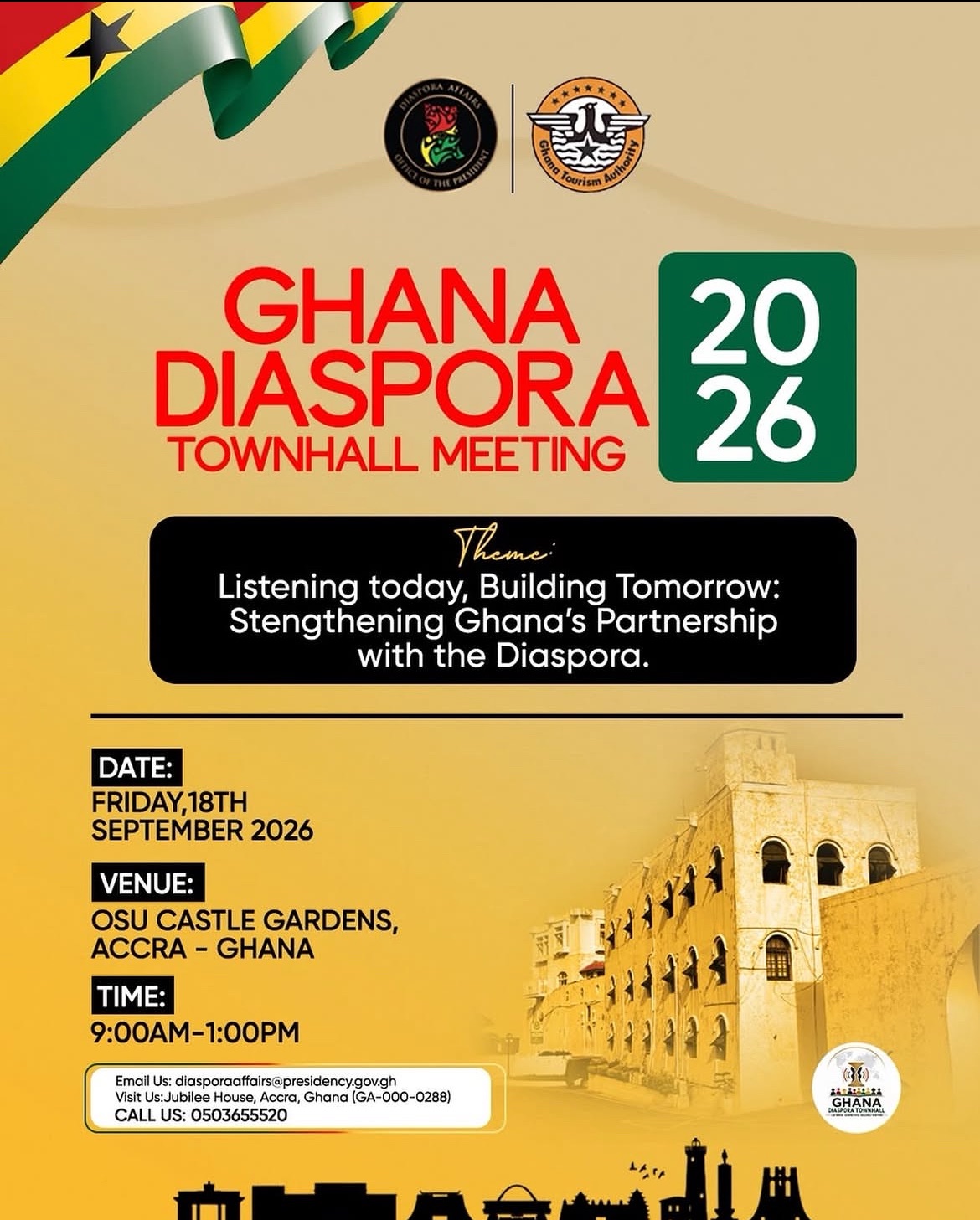 🇬🇭 Ghana to Host Diaspora Town Hall at Osu Castle as Government Deepens Engagement With Ghanaians Abroad